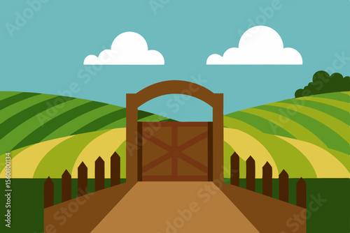 Wornout Path to Old Gate Watercolor Vector Illustration 