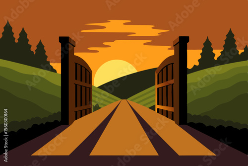 Wornout Path to Old Gate Watercolor Vector Illustration 