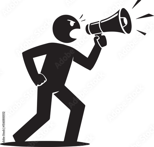 A stick figure is shouting into a megaphone isolated on white background