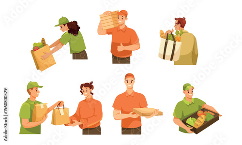A diverse group of delivery personnel skillfully handling various grocery and food items