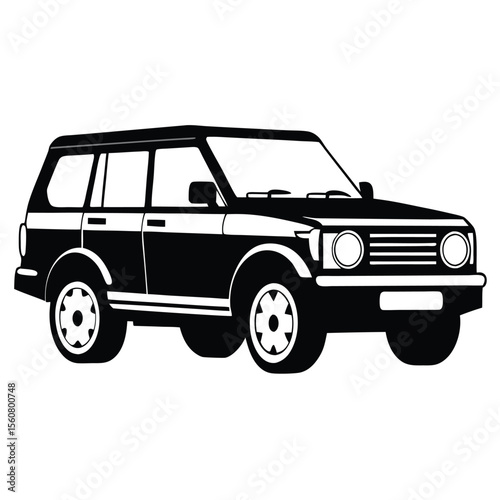 Vector Illustration of a Black and White FourDoor SUV with Round Headlights