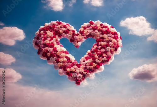 Heart made from clouds with rose flowers