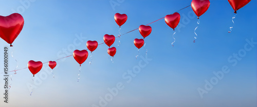 Red balloons in form of heart in the sky.