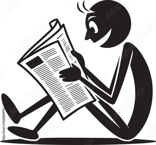 A stick figure is reading a newspaper isolated on white background