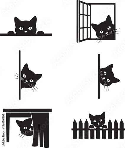 Cute cartoon black cat and kitten silhouettes, a funny vector illustration for pet lovers