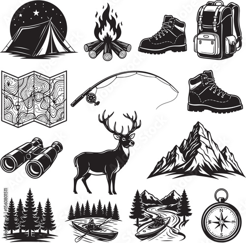 A vintage vector set of hand-drawn camping icons and nature illustrations