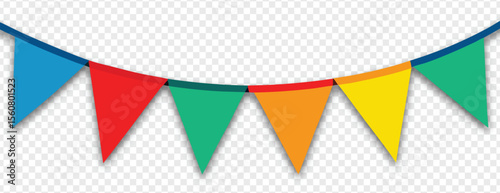 Colorful party pennants isolated on transparent background, festive bunting banner clipart for celebration, decoration, invitation, or graphic design use