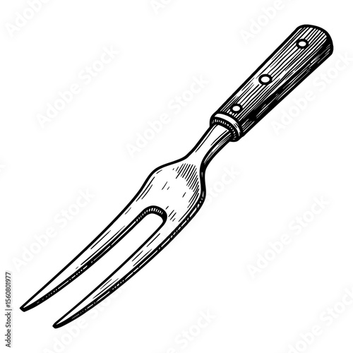 Vintage Carving Fork Utensil for Meat Serving Black and White Outline Line Art Drawing Isolated Object