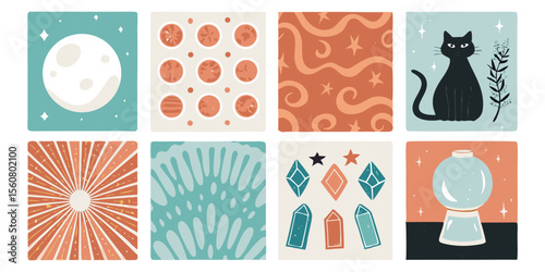 Vector Icon Set of Moon Planets Cat Patterns Crystals and a Crystal Ball