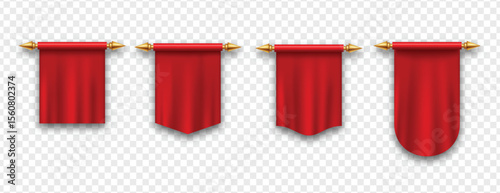 Red long pennant flags in various shapes with golden poles, isolated on transparent background. Ideal for events, celebrations, labels, and festive design