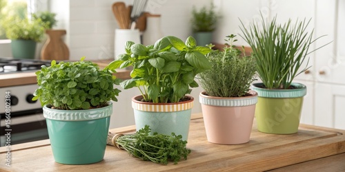Four potted herbs in kitche...