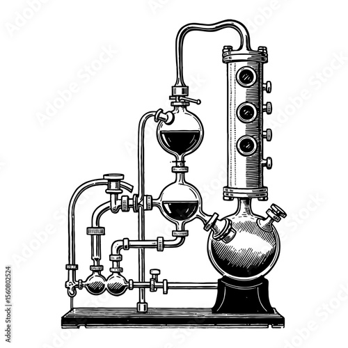 Complex Distillation Apparatus Scientific Black and White Outline Line Art Drawing Vintage Engraving