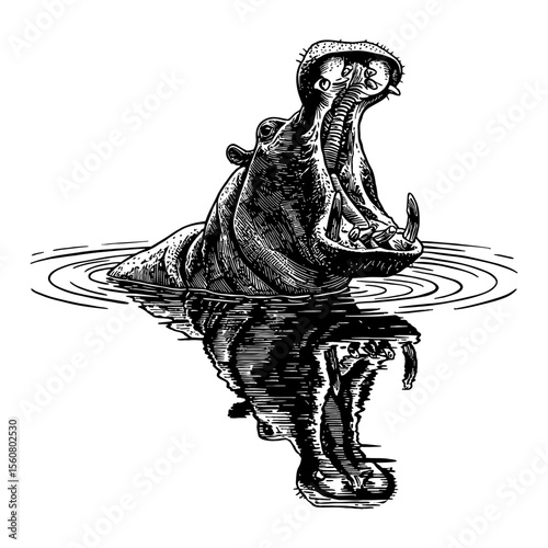 Hippopotamus in Water with Ripple and Reflection Black and White Outline Line Art Drawing Roaring Yawning
