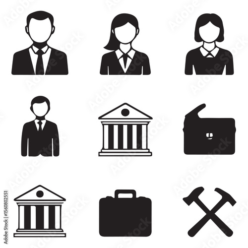Collection of black and white icons representing business professions and symbols