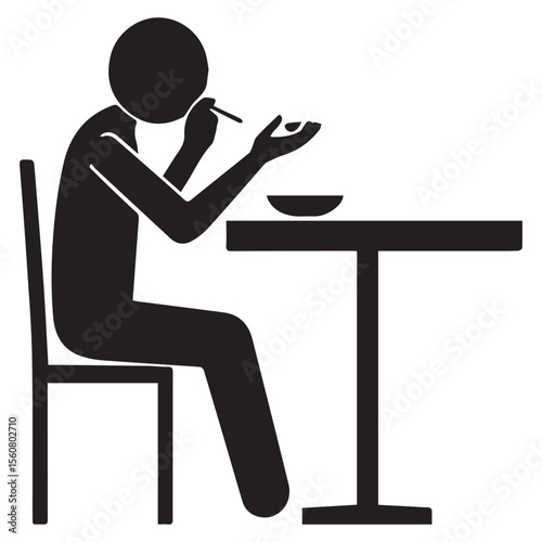 Simple black stick figure person sitting at a table eating food with a spoon