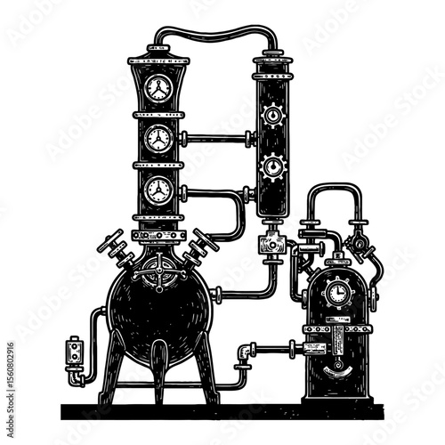 Intricate Steampunk Gears Style Distillation Apparatus Black and White Outline Line Art Drawing Vector