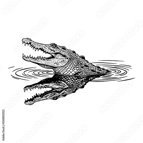 Crocodile Head in Water with Ripple and Reflection Black and White Outline Line Art Drawing Wild Animal