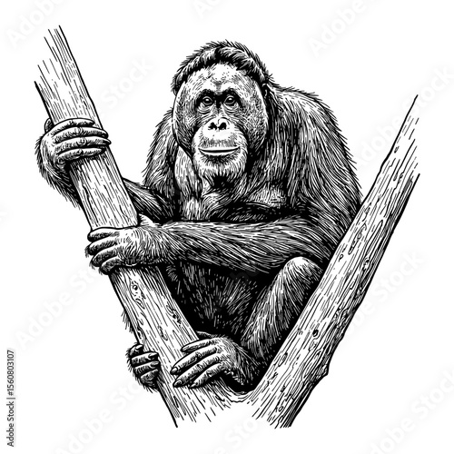 Majestic Orangutan Primate Sitting on a Tree Branch Black and White Outline Line Art Drawing Wildlife Animal