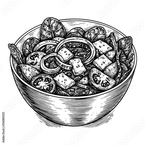 Nutritious Spinach Salad with Fresh Vegetables and Toppings in a Bowl Black and White Outline Line Art Drawing