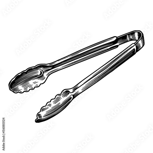 Kitchen Serving Tongs Utensil Black and White Outline Line Art Drawing Vintage Engraved Style
