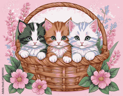 lustración vectorial 10 colores la conmovedora imagen de dos adorables gatitos acurrucados en una cesta tejida rodeada de flores rosas.