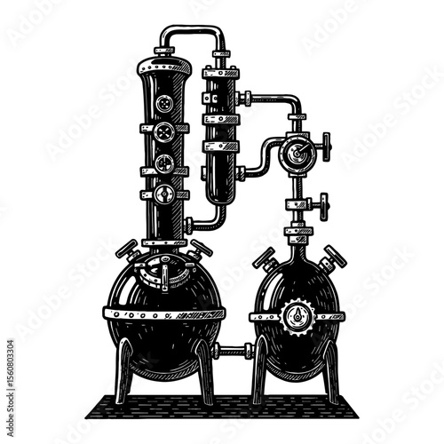 Industrial Distillation Apparatus Steampunk Gears Style Black and White Outline Line Art Drawing