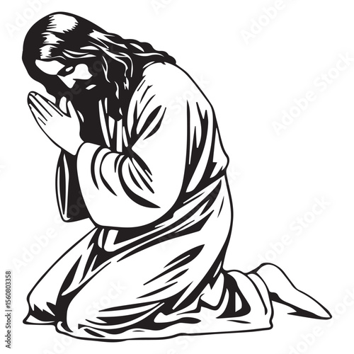 Jesus christ kneeling in prayer with hands clasped in a white robe