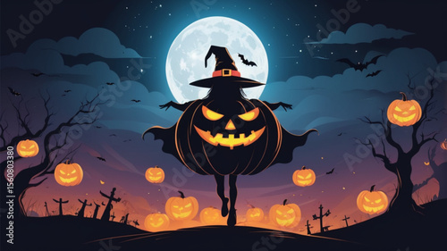Witch pumpkin dancing under moon in the night.