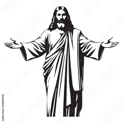 Jesus christ with open arms in a black and white illustration