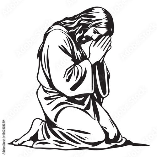 Jesus christ kneeling and praying with hands clasped in a black and white illustration