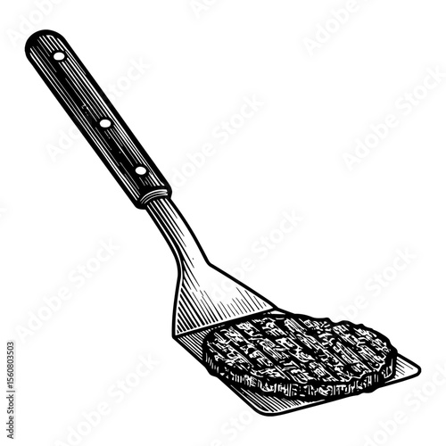 Long Spatula Flipping a Patty Black and White Outline Line Art Drawing of Kitchen Utensil and Food