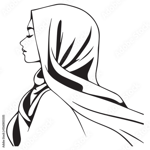 Elegant woman wearing a hijab in profile silhouette with flowing fabric