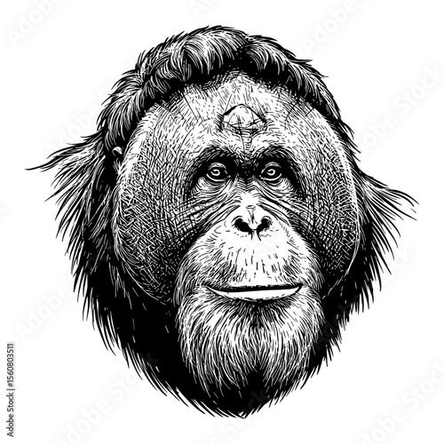 Detailed Orangutan Head Portrait Close Up Black and White Outline Line Art Drawing Isolated Animal