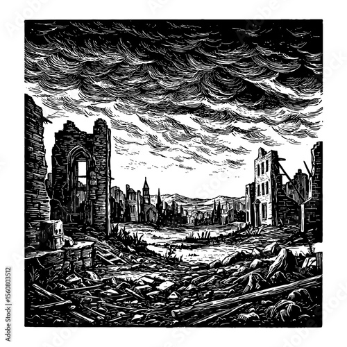 Empty City Ruin Landscape Black and White Outline Line Art Drawing with Dramatic Cloudy Sky and Destroyed Buildings