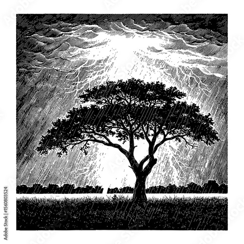 Thunder striking a tree during cloudy rain in Sava Black and White Outline Line Art Drawing