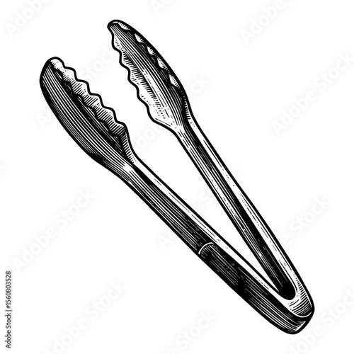 Kitchen Tongs Utensil for Cooking and Grilling Black and White Outline Line Art Drawing Vintage Style