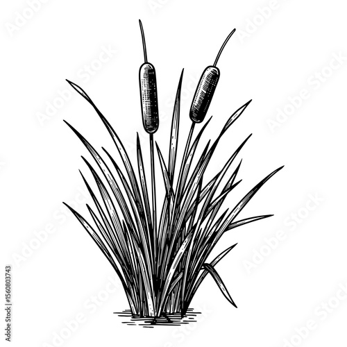 Vintage Black and White Outline Line Art Drawing of Cattails Plant Aquatic Reed Grass on Water