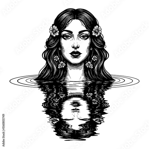 Divine Womanhood Sacred Femininity Woman in Water with Reflection and Flowers Black and White Outline Line Art Drawing