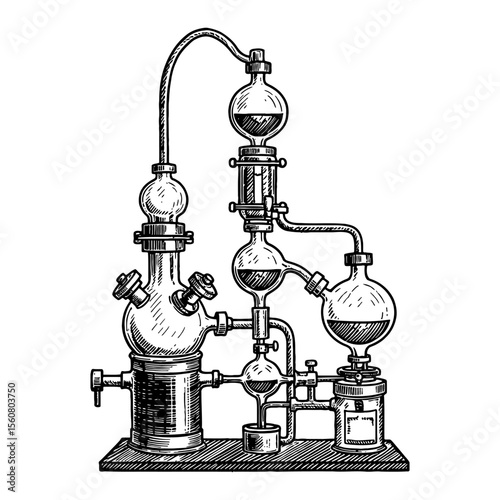 Detailed Distillation Apparatus Laboratory Chemistry Equipment Black and White Outline Line Art Drawing