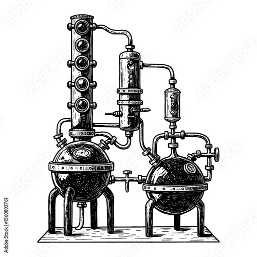 Distillation Apparatus Steampunk Gears Style Black and White Outline Line Art Drawing Illustration