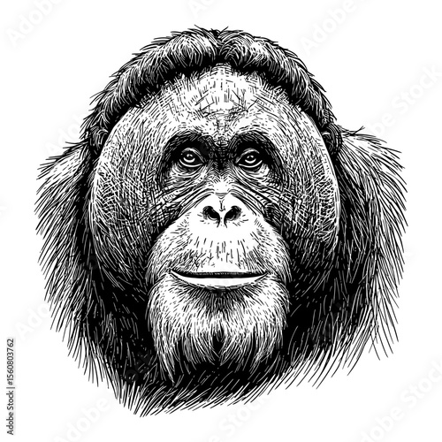 Close Up Orangutan Portrait Front View Black and White Outline Line Art Drawing Vintage Animal Illustration