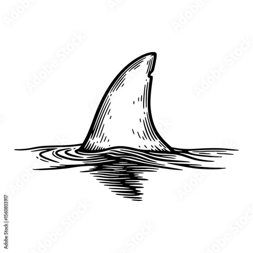 Dangerous Shark Fin Emerging from Water with Reflection in Vintage Black and White Outline Line Art Drawing