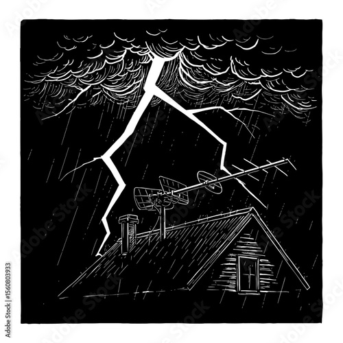 Lightning Striking Home Antenna on House Roof During Intense Cloudy Rain Storm Black and White Outline Line Art Drawing