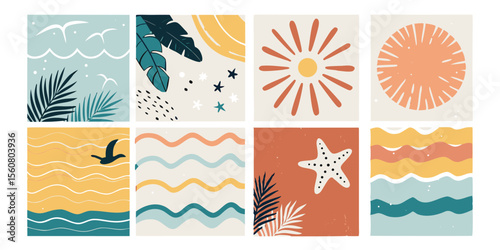 Hand-painted beach themed vector illustrations in square format