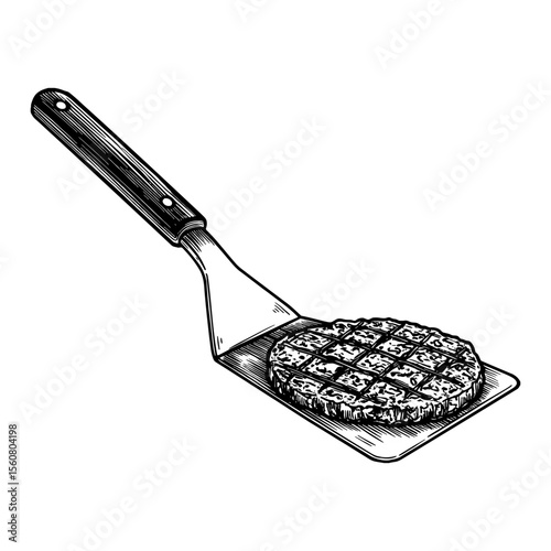 Long Spatula Flipping a Patty in Black and White Outline Line Art Drawing Style Isolated Object