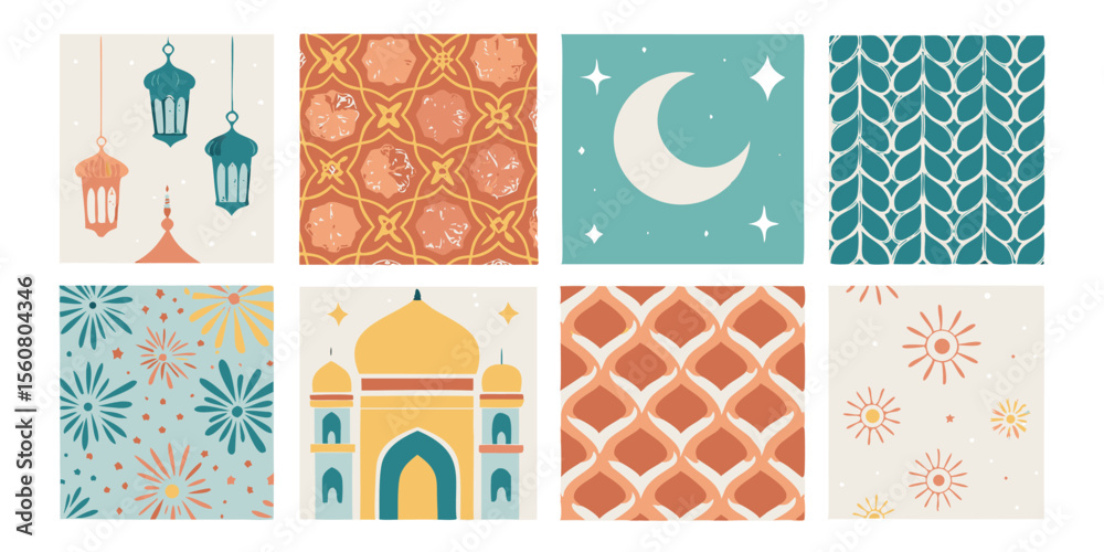 Set of Islamic Themed Vector Icons Including Lanterns Mosque Patterns and Stars