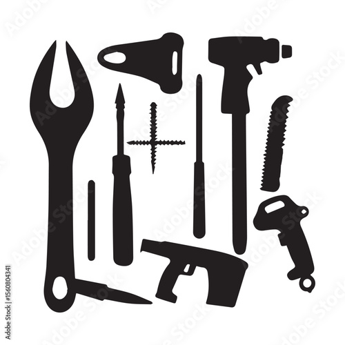 Collection of black silhouette tools and fasteners on a white background