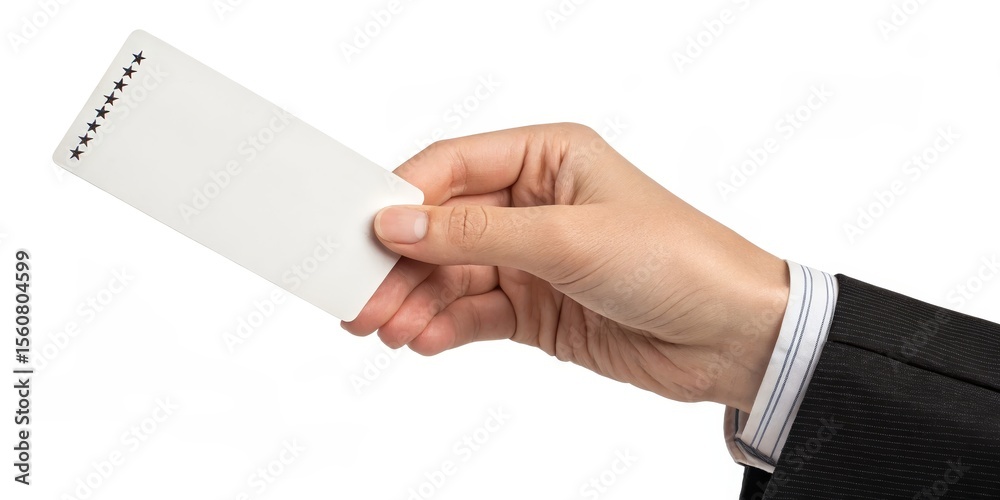 Obraz premium Hand Holding Blank Card Close-up Composition, White Background, Business Concept, Card Mockup, Loyalty Program Card mockup, loyalty program