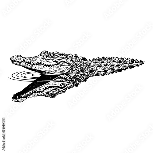 Crocodile Submerged in Water with Ripple and Reflection Black and White Outline Line Art Drawing