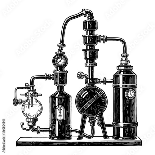 Steampunk Style Distillation Apparatus Black and White Outline Line Art Drawing Vintage Science Lab Equipment